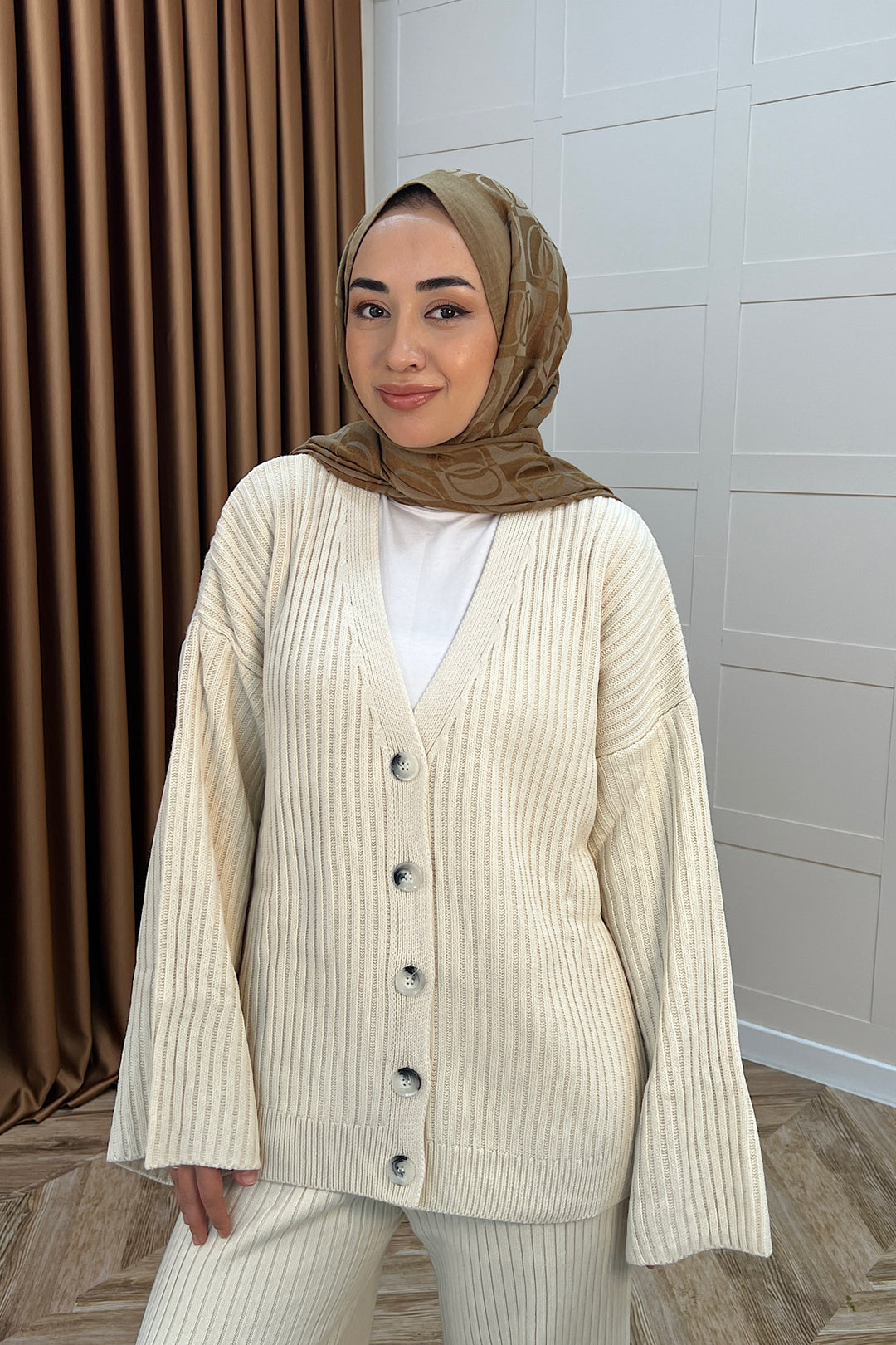 Galata Fitilli Triko Hırka Takım Krem 25630-KREM