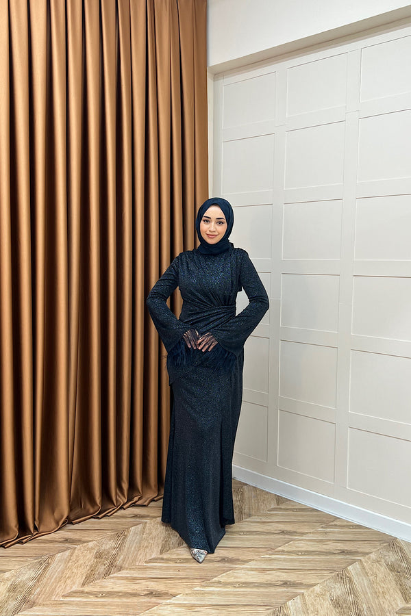 Rosalin Tüy Detay Abiye Lacivert 3088-LACIVERT