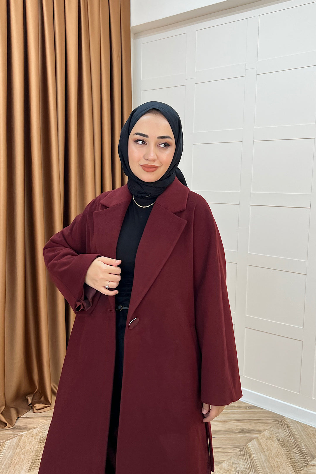 Yıldız Premium Kumaş Kuşaklı Kaban Bordo 5515-BORDO