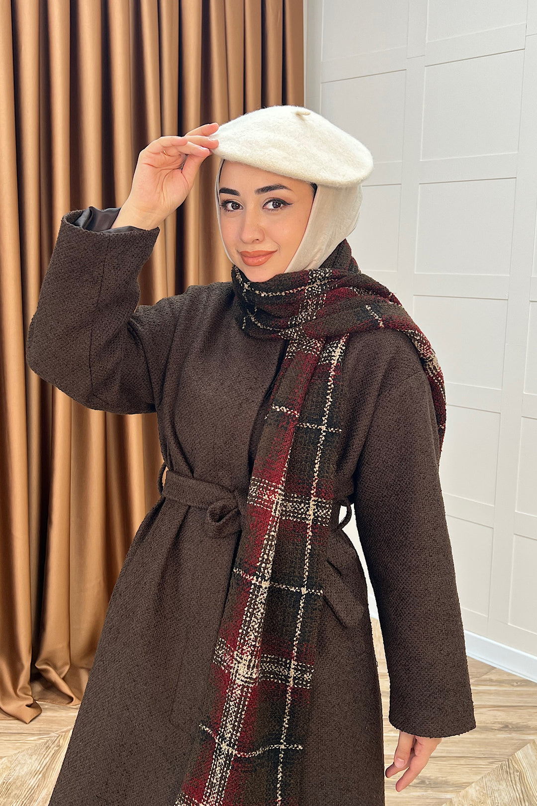 Duru Premium Kumaş Atkı Detay Kaban Kahverengi 5517-KAHVERENGI