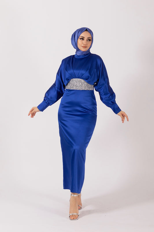 Beli Taş Detay Saten Abiye Saks 4862-SAKS