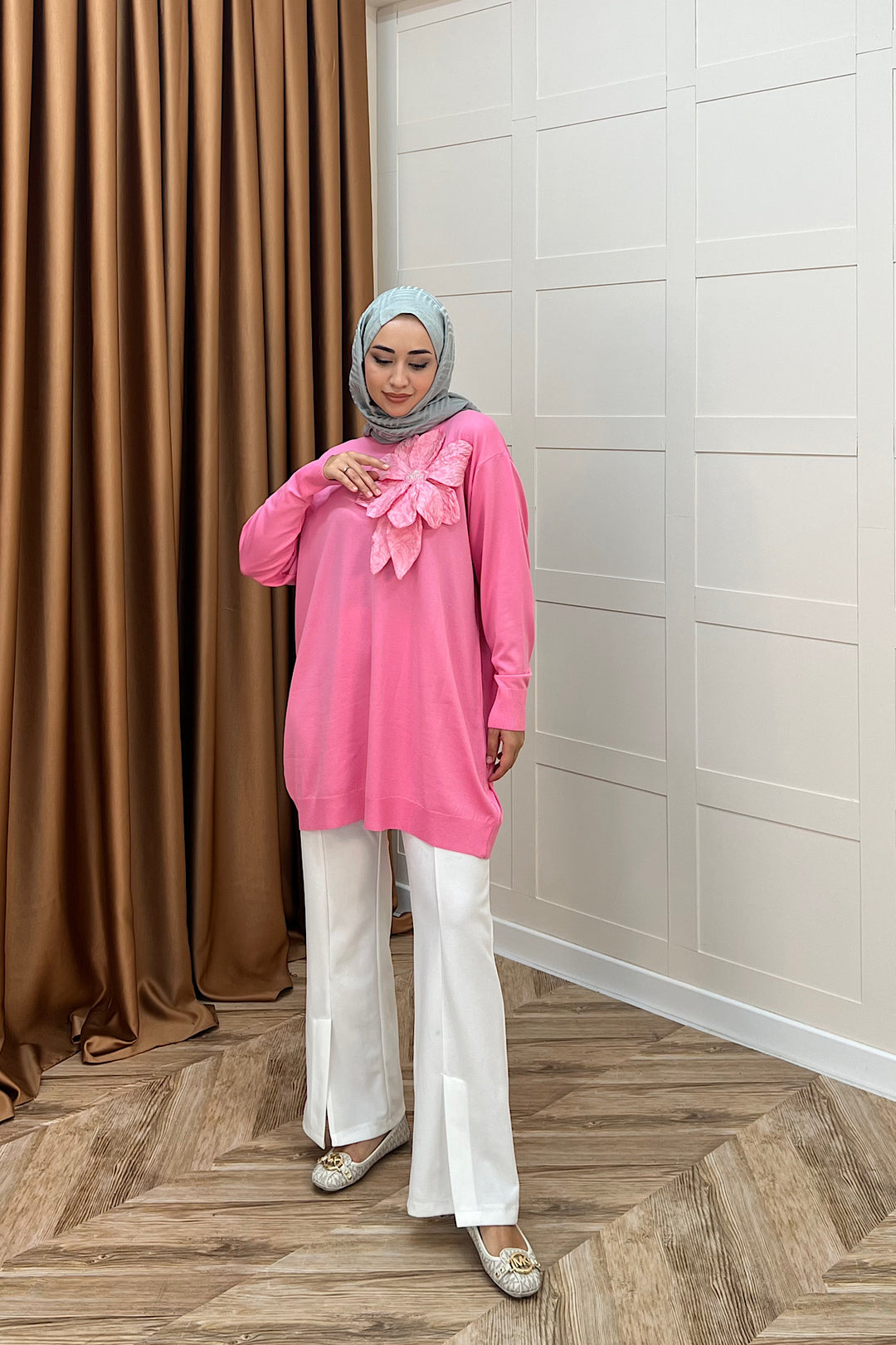 Merserize Çiçekli Triko Tunik Pembe 2550-PEMBE