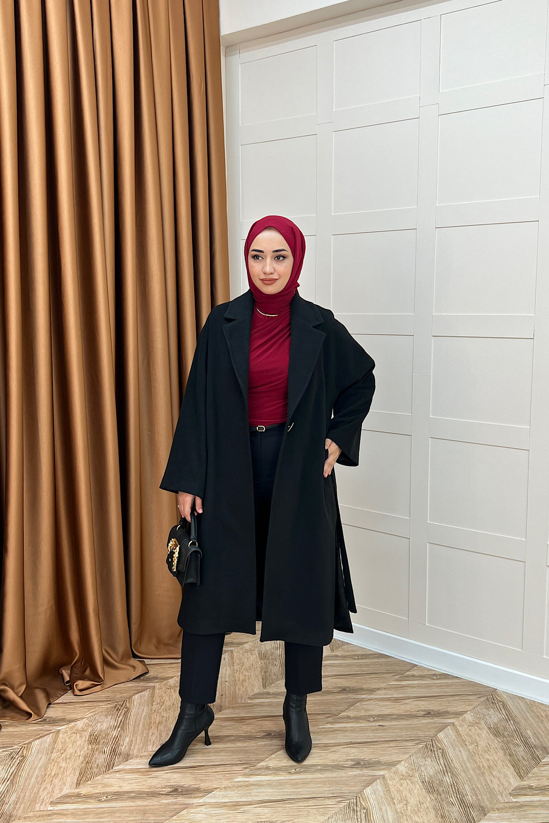 Yıldız Premium Kumaş Kuşaklı Kaban Siyah 5515-SIYAH