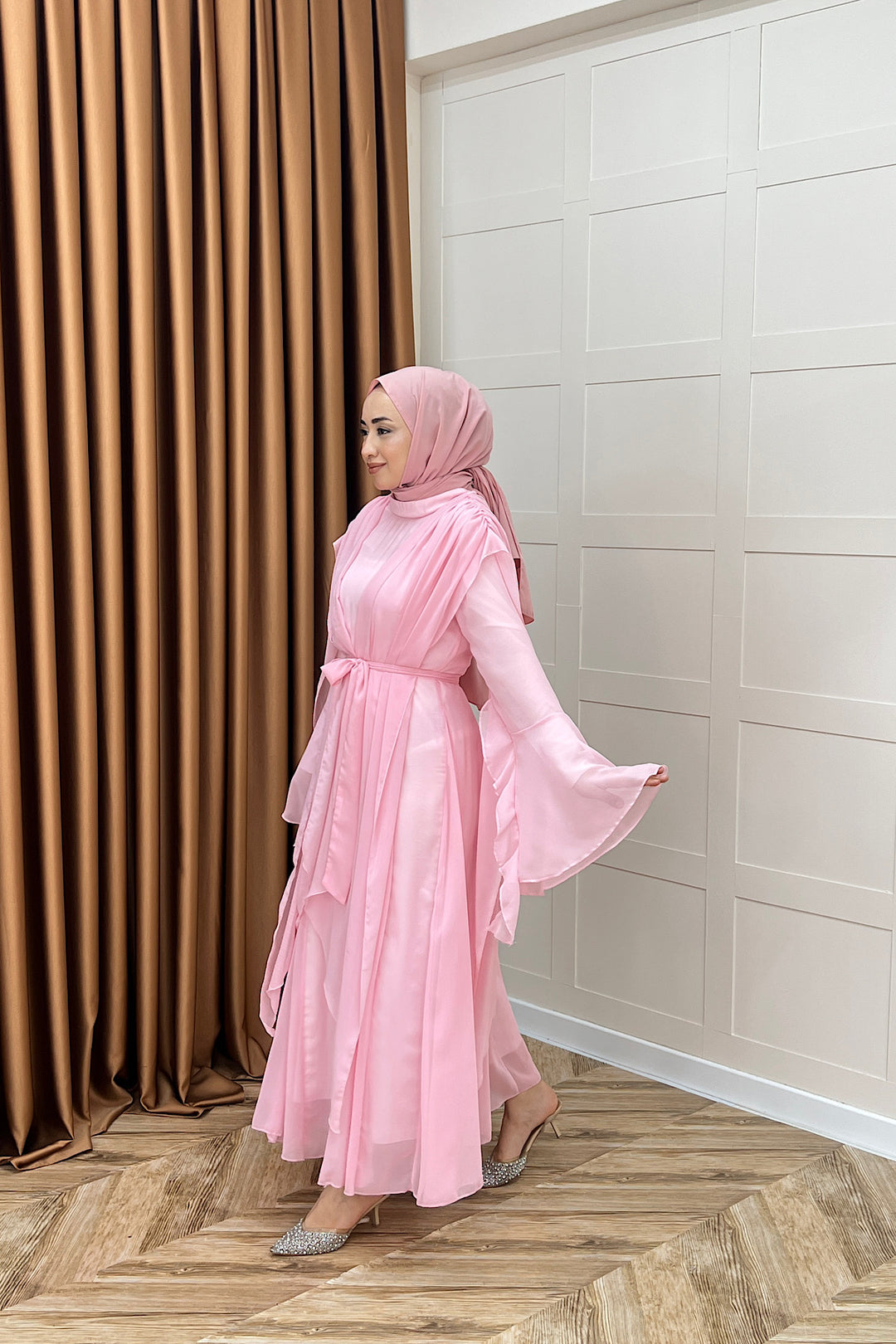 Aliza Büzgülü Şifon Elbise Pembe 2002-PEMBE