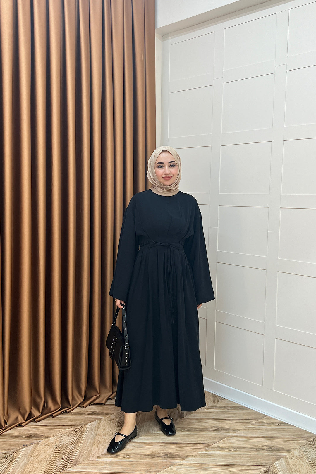 Belden Bağlamalı Cupra Elbise Siyah 5013-SIYAH