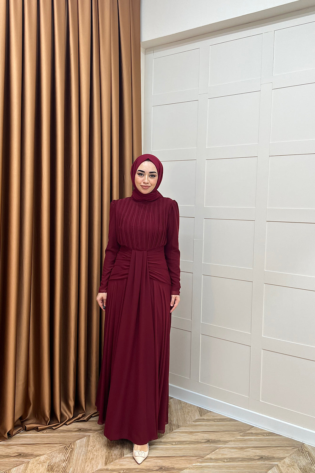 Elanor Bel Detay Şifon Abiye Bordo 3092-BORDO