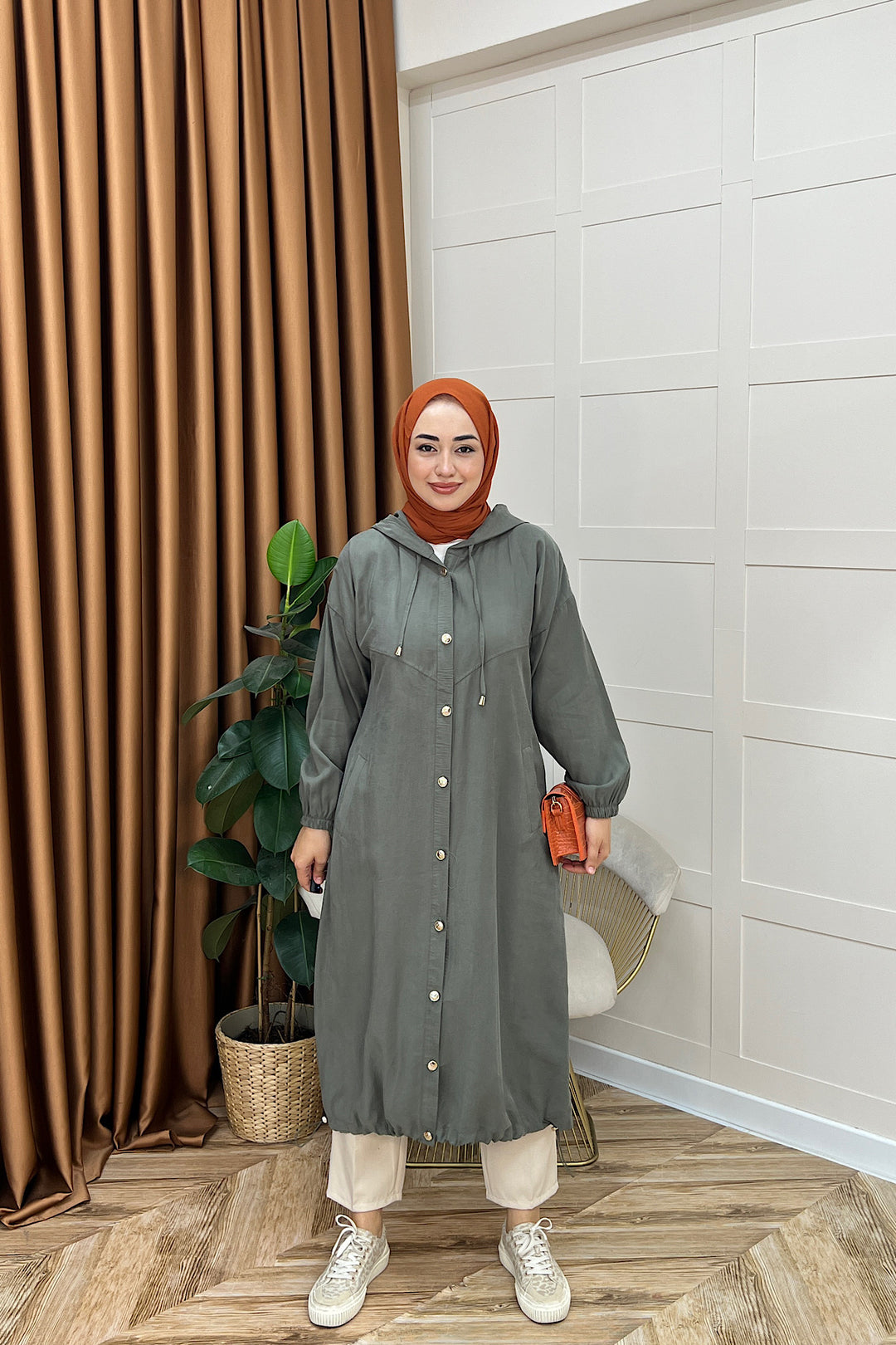 004-Liana Düğmeli Kap Haki 004-HAKI