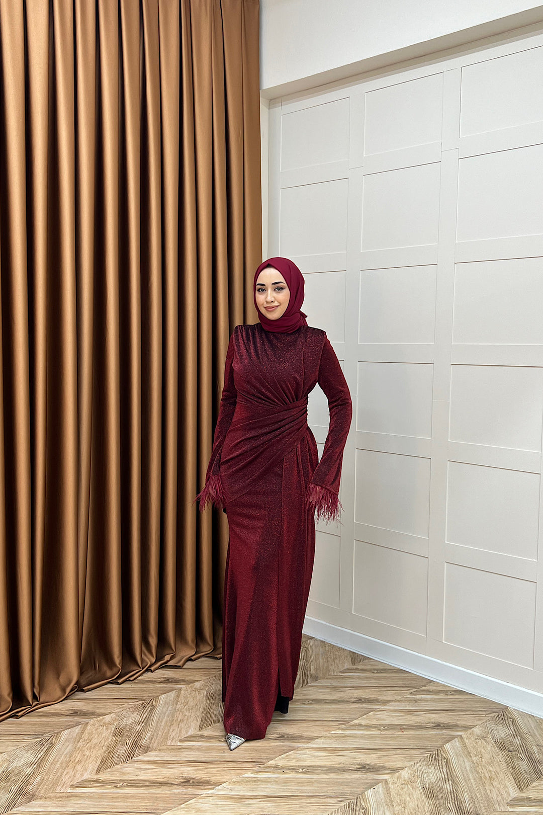 Rosalin Tüy Detay Abiye Bordo 3088-BORDO