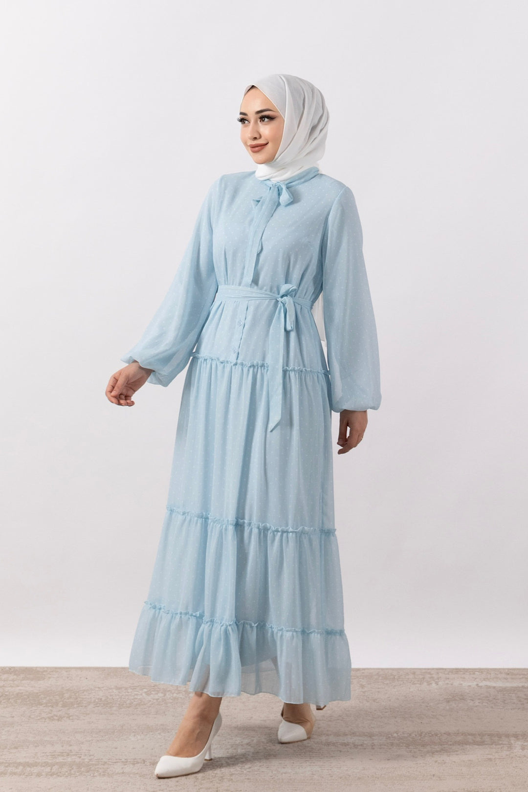 Lena Puantiyeli Şifon Elbise Mavi 3036-MAVI