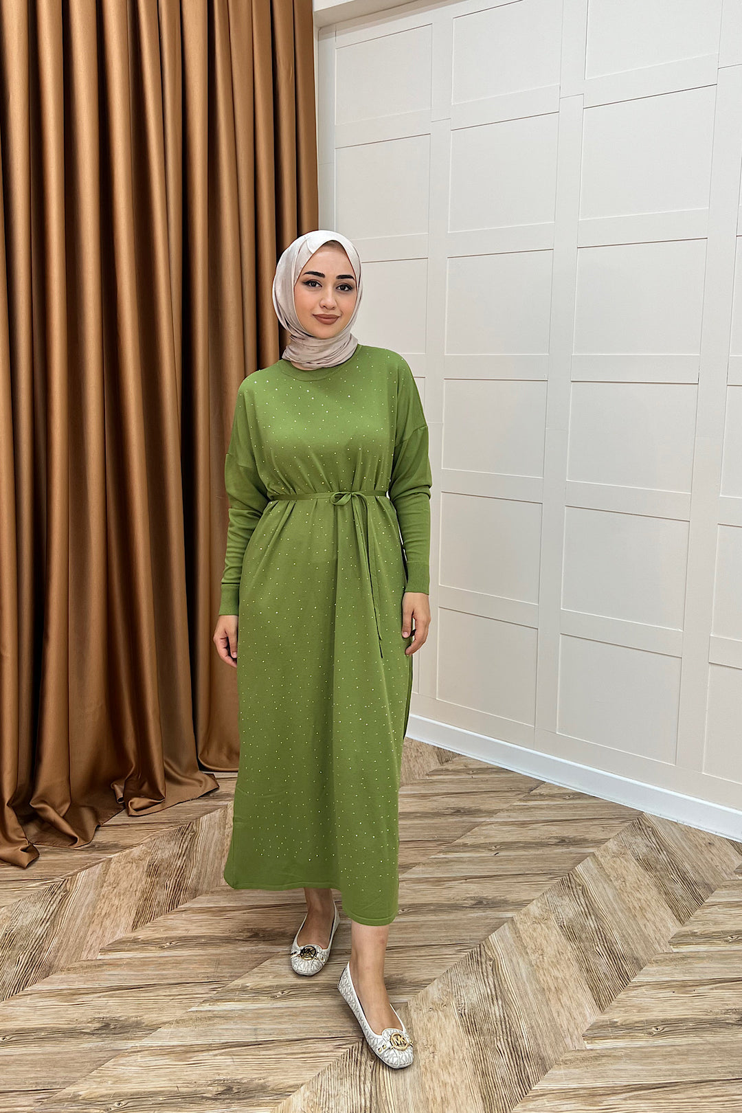 Mabel Taşlı Triko Elbise Yağ Yeşili 25270-YAGYESILI