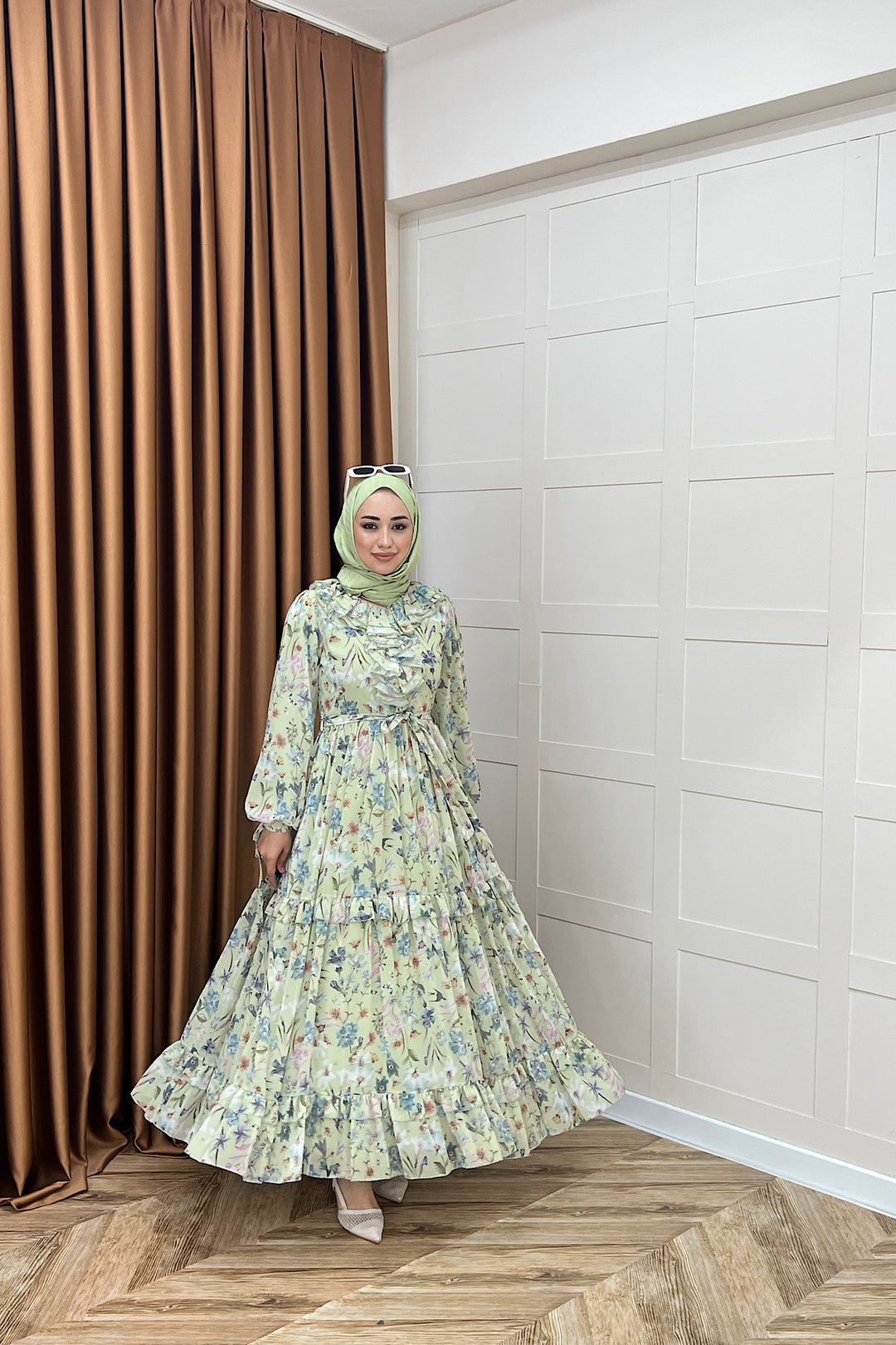 Loreno Yaka Detay Elbise Yeşil 03054-YESIL