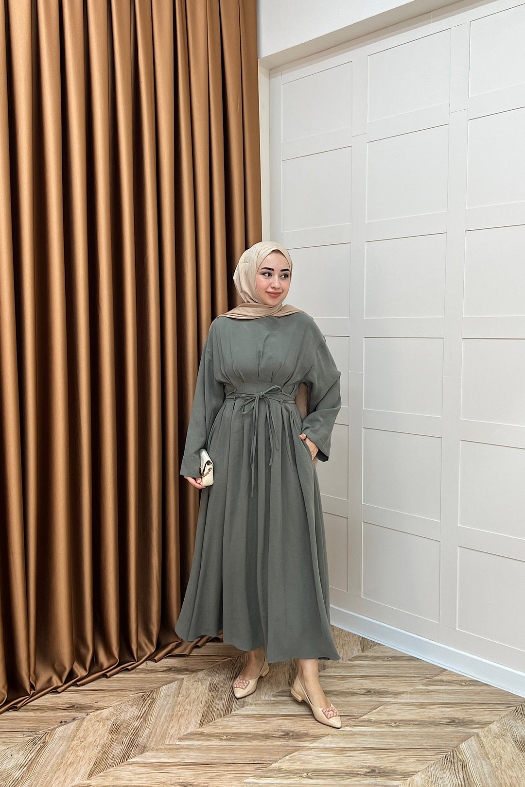 Belden Bağlamalı Cupra Elbise Yeşil 5013-YESIL