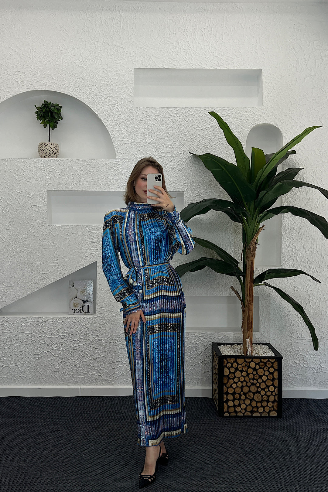 Hayal Piliseli Saten Elbise Mavi 9008-MAVI