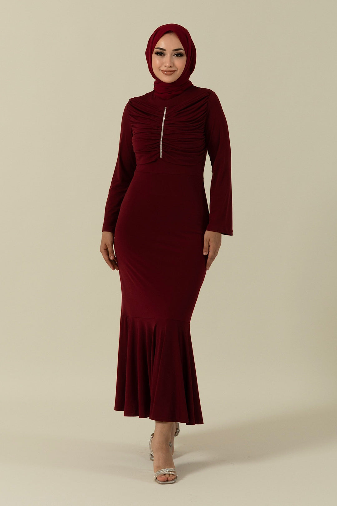 Göğüs Drapeli Elbise Bordo 9612-BORDO