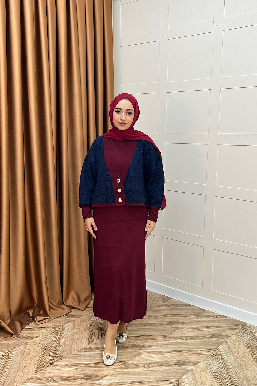 Sezen İkili Triko Elbise Bordo 241090-BORDO