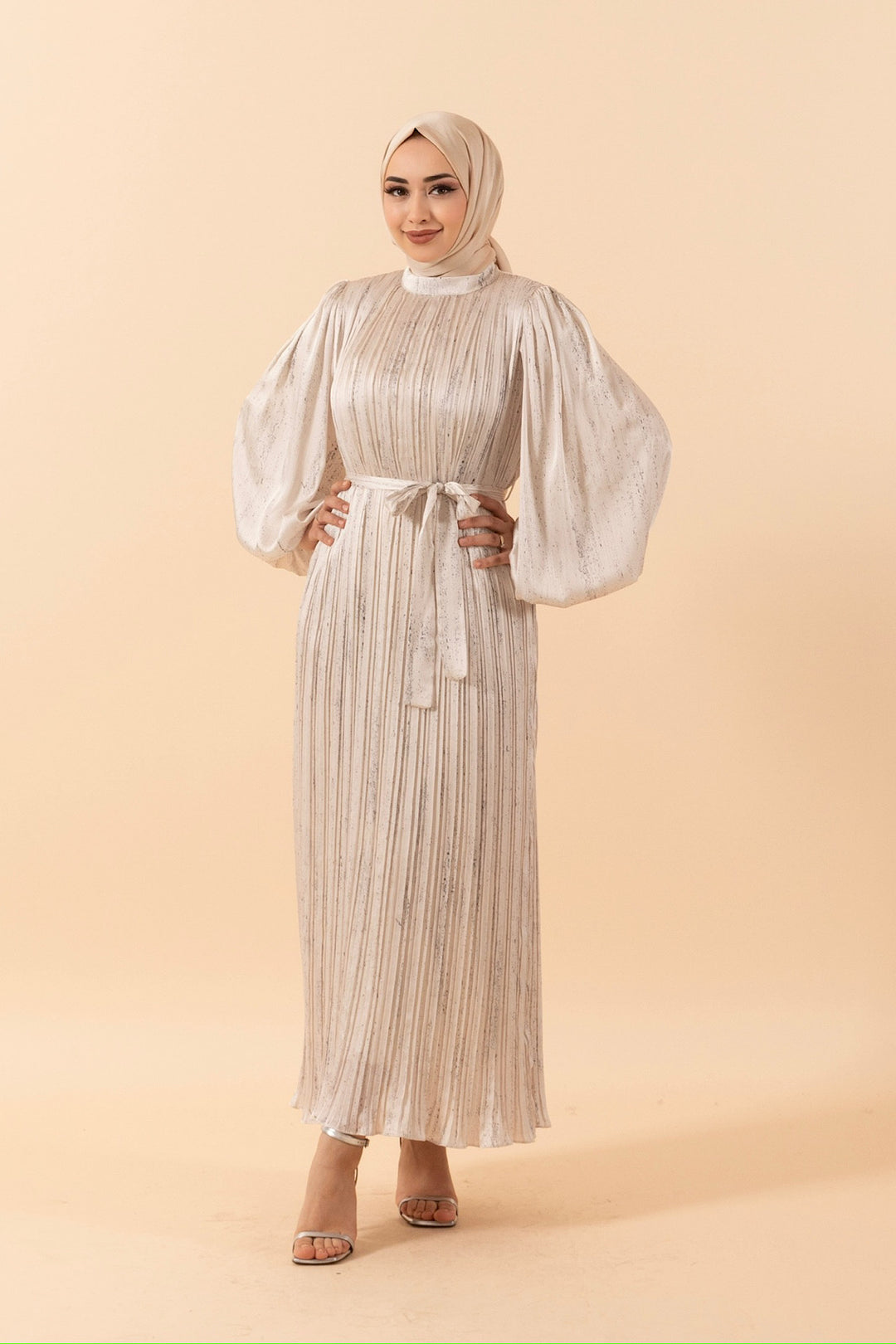 Pileli Saten Elbise Taş 3003-TAS