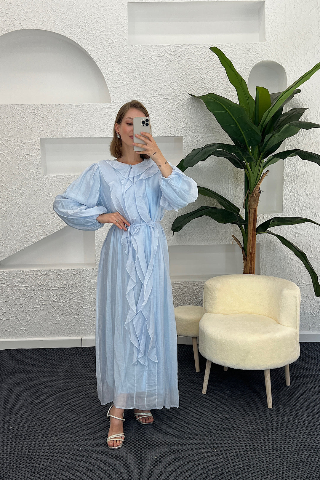 Edil Fırfır Detay Elbise Mavi 3366-MAVI