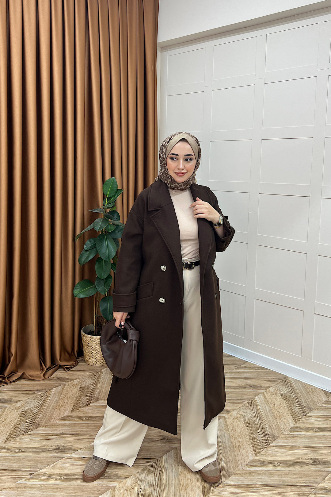 Lara Kuşaklı Kaşe Kaban Kahverengi 5541-KAHVERENGI