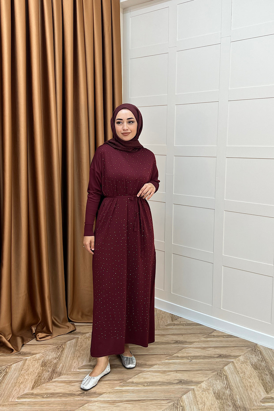 Mabel Taşlı Triko Elbise Bordo 25270-BORDO