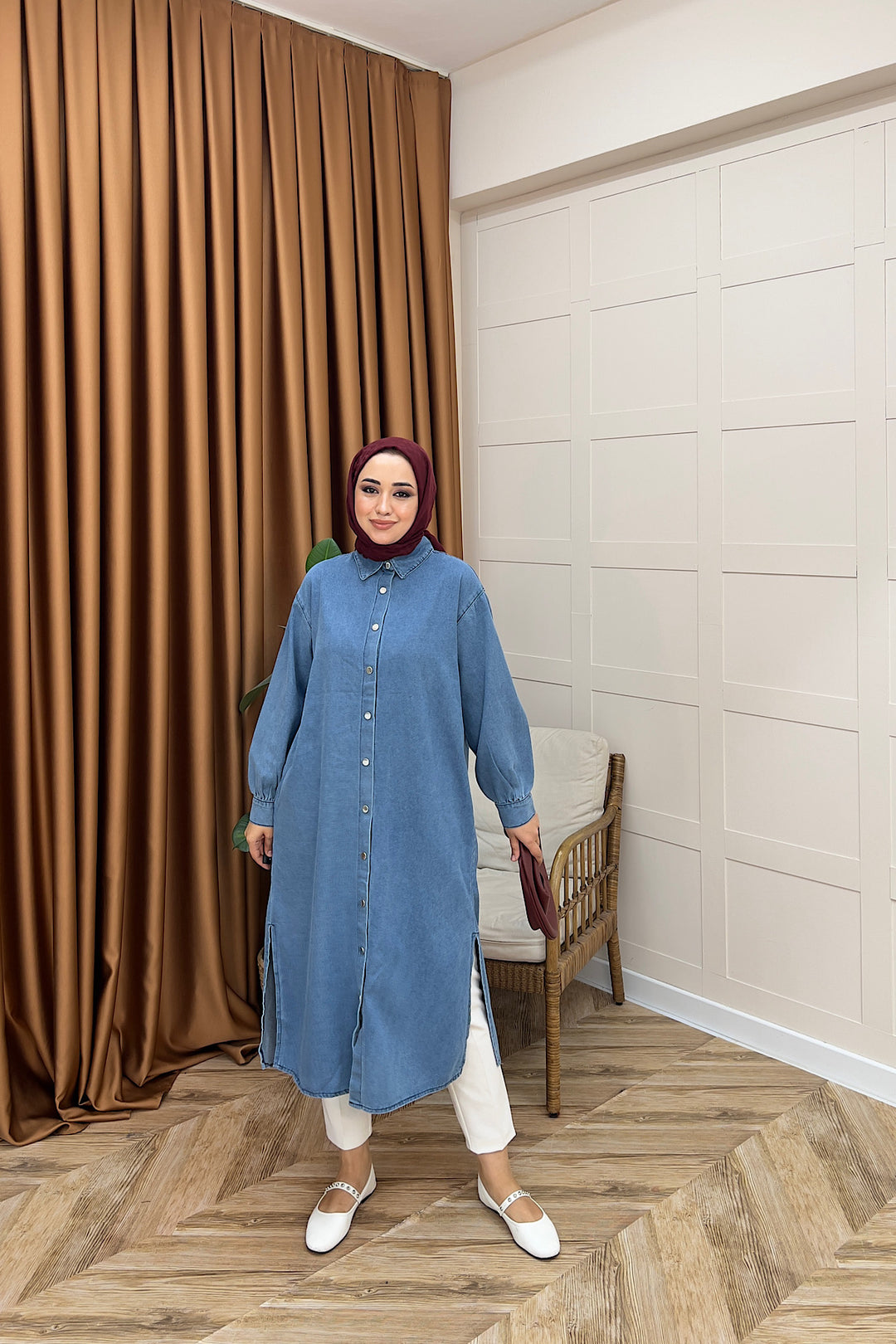 Eleni Uzun Kot Tunik Mavi 9058-MAVI