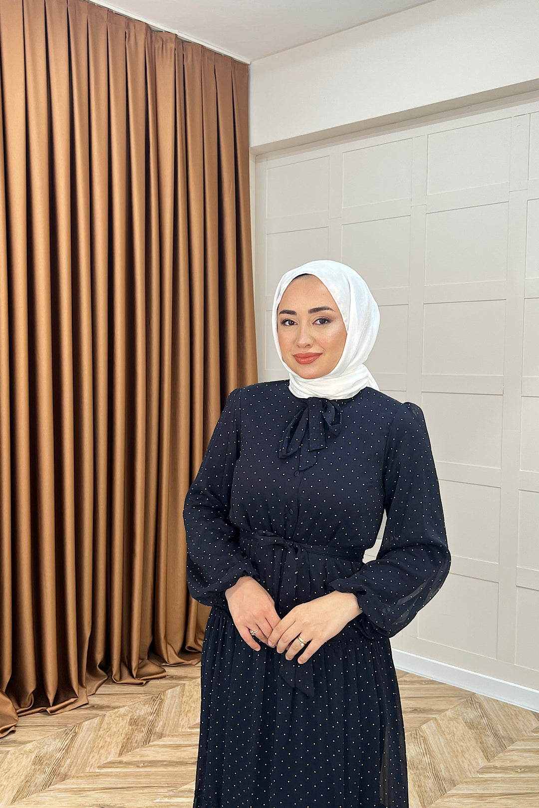 Lea Puantiyeli Şifon Elbise Lacivert 03036-LACIVERT