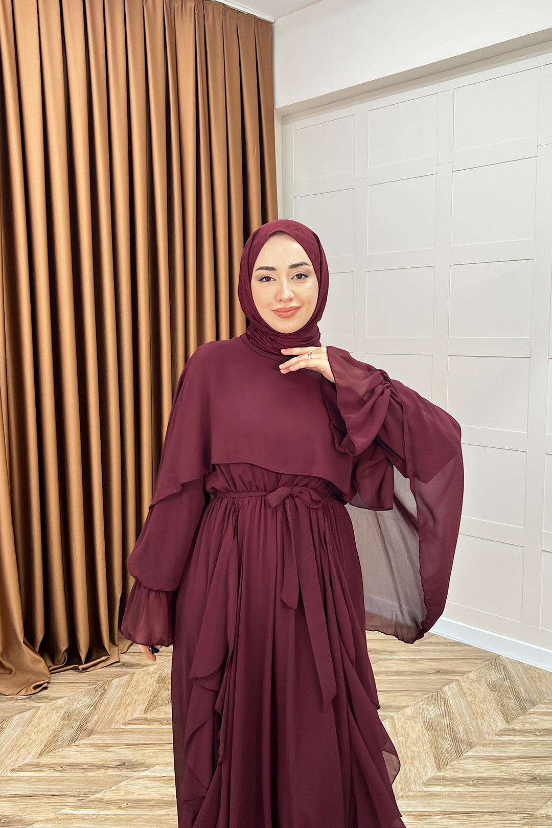 Lovely Şifon Fırfırlı Elbise Bordo 02001-BORDO