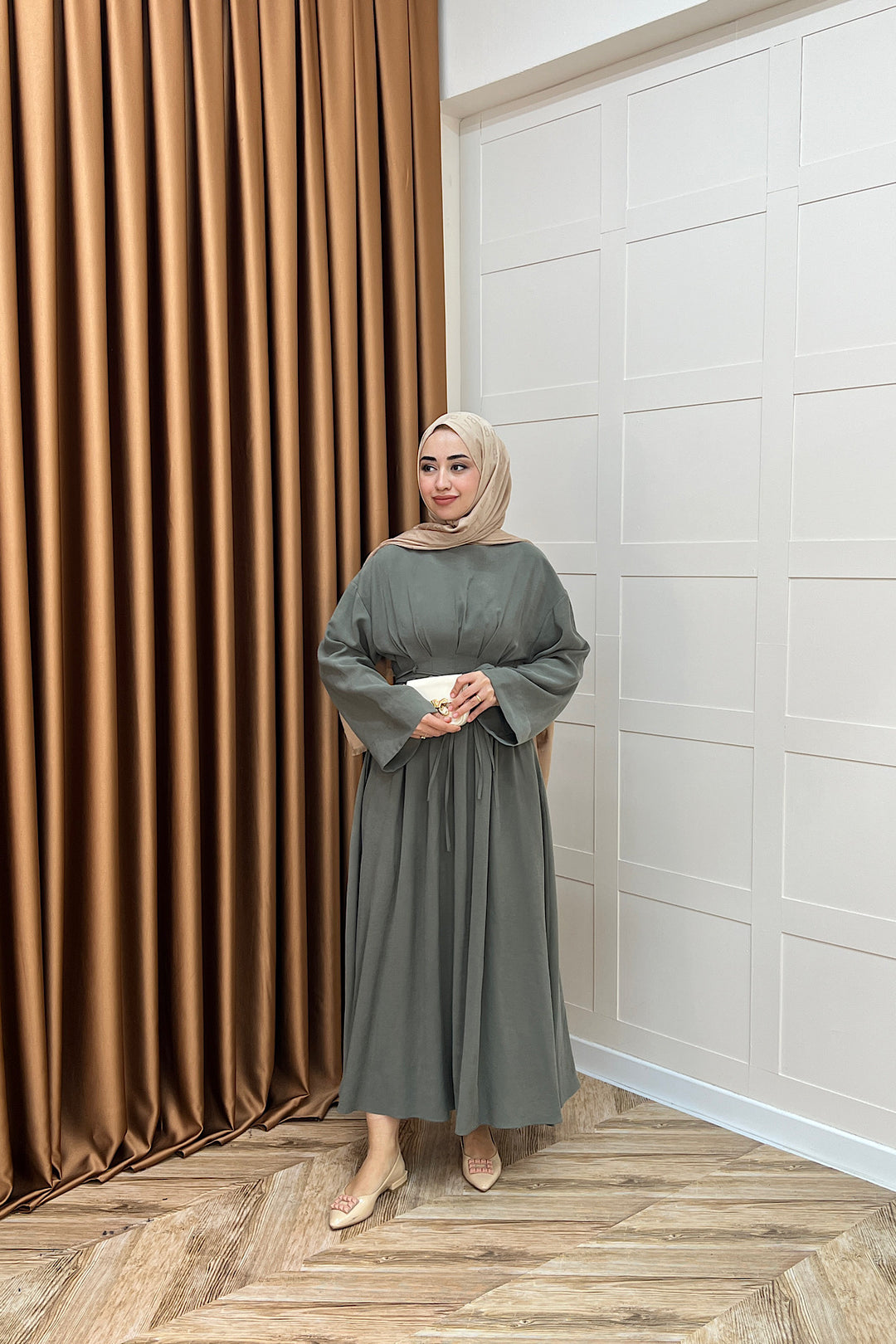 Belden Bağlamalı Cupra Elbise Yeşil 5013-YESIL