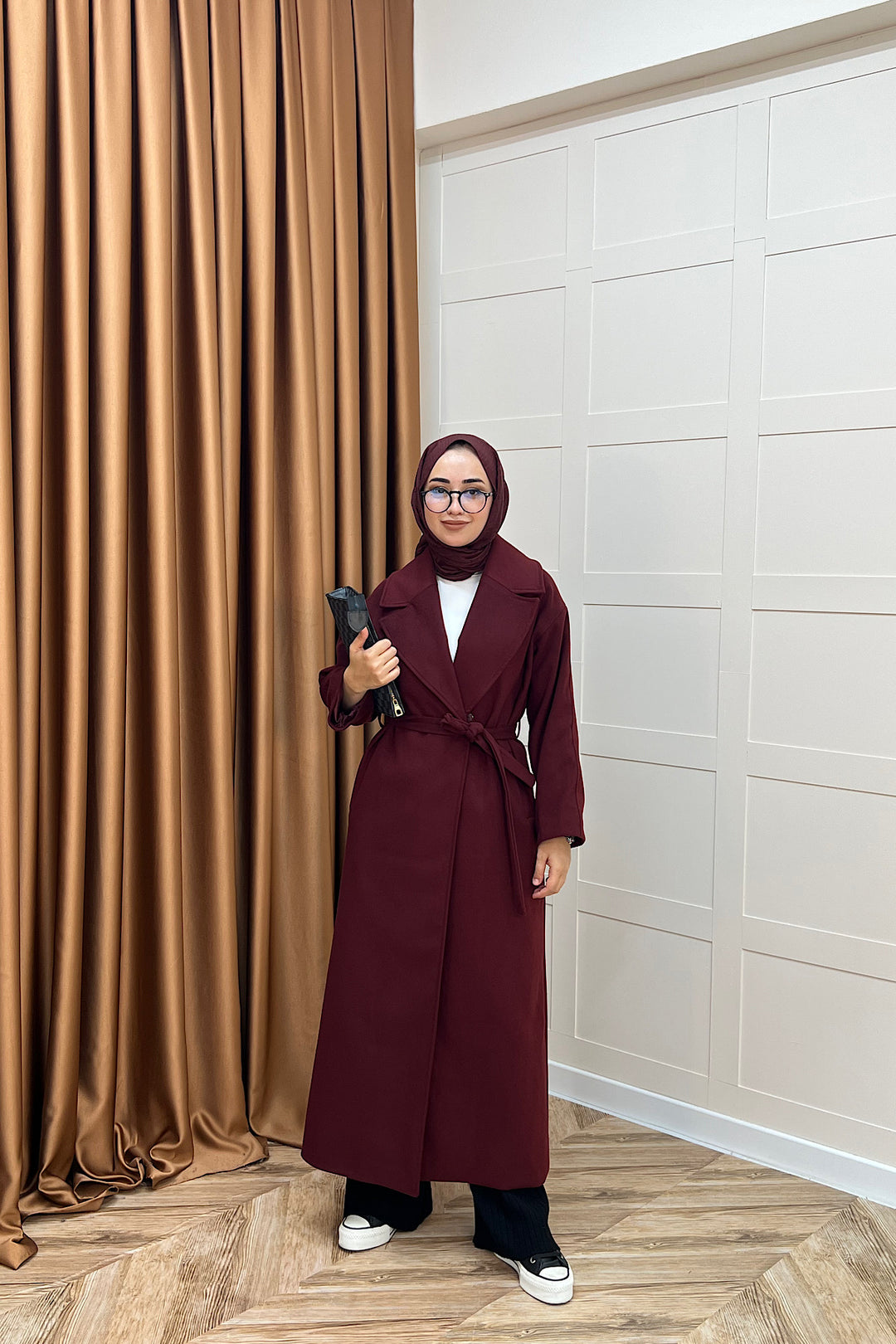 Retro Premium Kumaş Uzun Kaşe Kaban Bordo 5509-BORDO