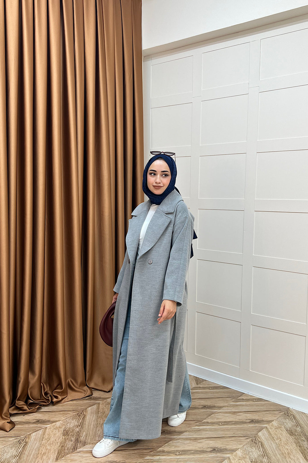 Retro Premium Kumaş Uzun Kaşe Kaban Gri 5509-GRI