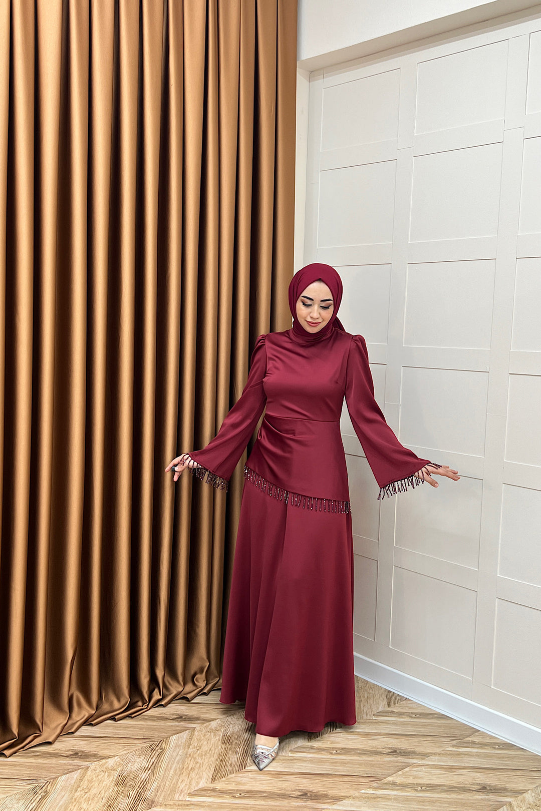 Ayla Saten Abiye Bordo 3093-BORDO
