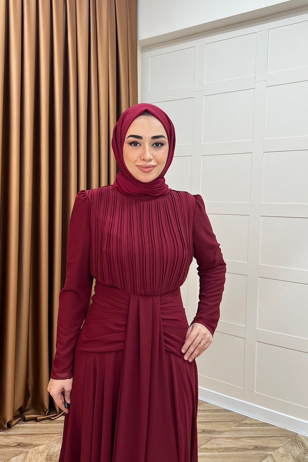 Elanor Bel Detay Şifon Abiye Bordo 3092-BORDO