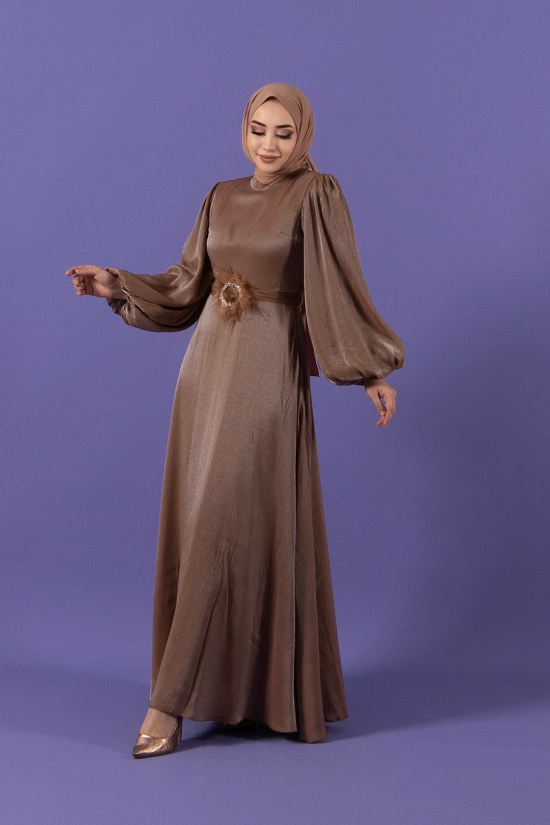 Taş Tüy Detay Janjan Elbise Vizon 3007-VIZON