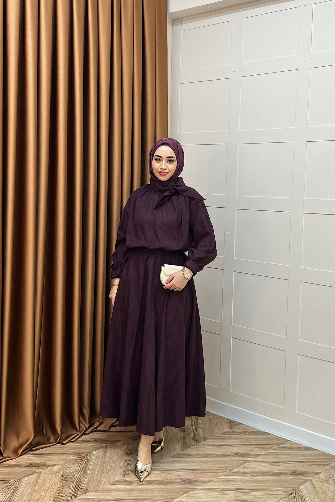 Luna Yaka Fularlı Etek Takım Mürdüm 3183-MURDUM