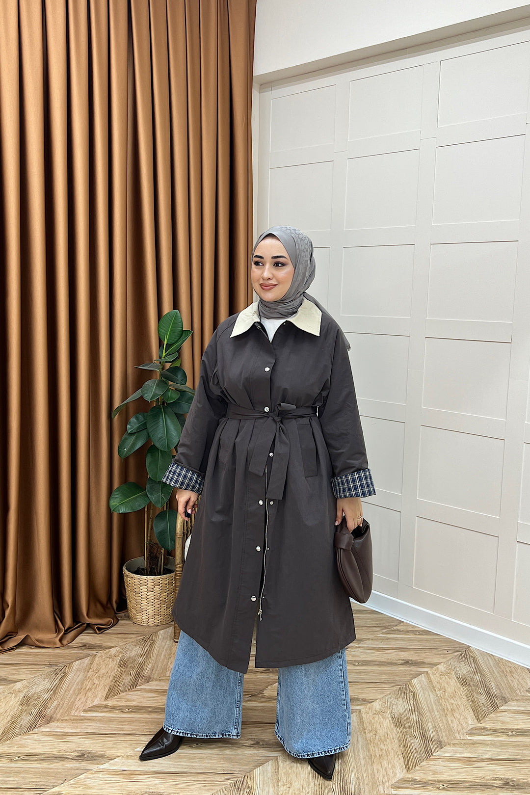 Dora Kuşaklı Uzun Trençkot Kahverengi 62613-KAHVERENGI