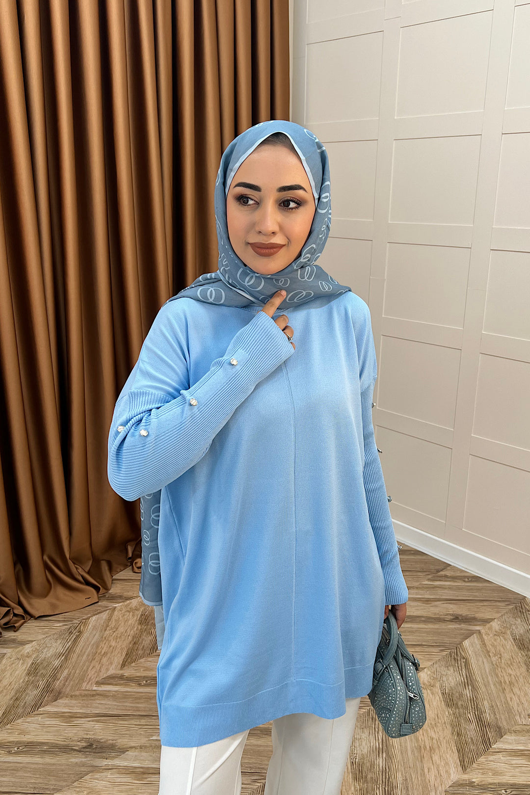 Kol Düğmeli Triko Tunik Mavi 24280-MAVI