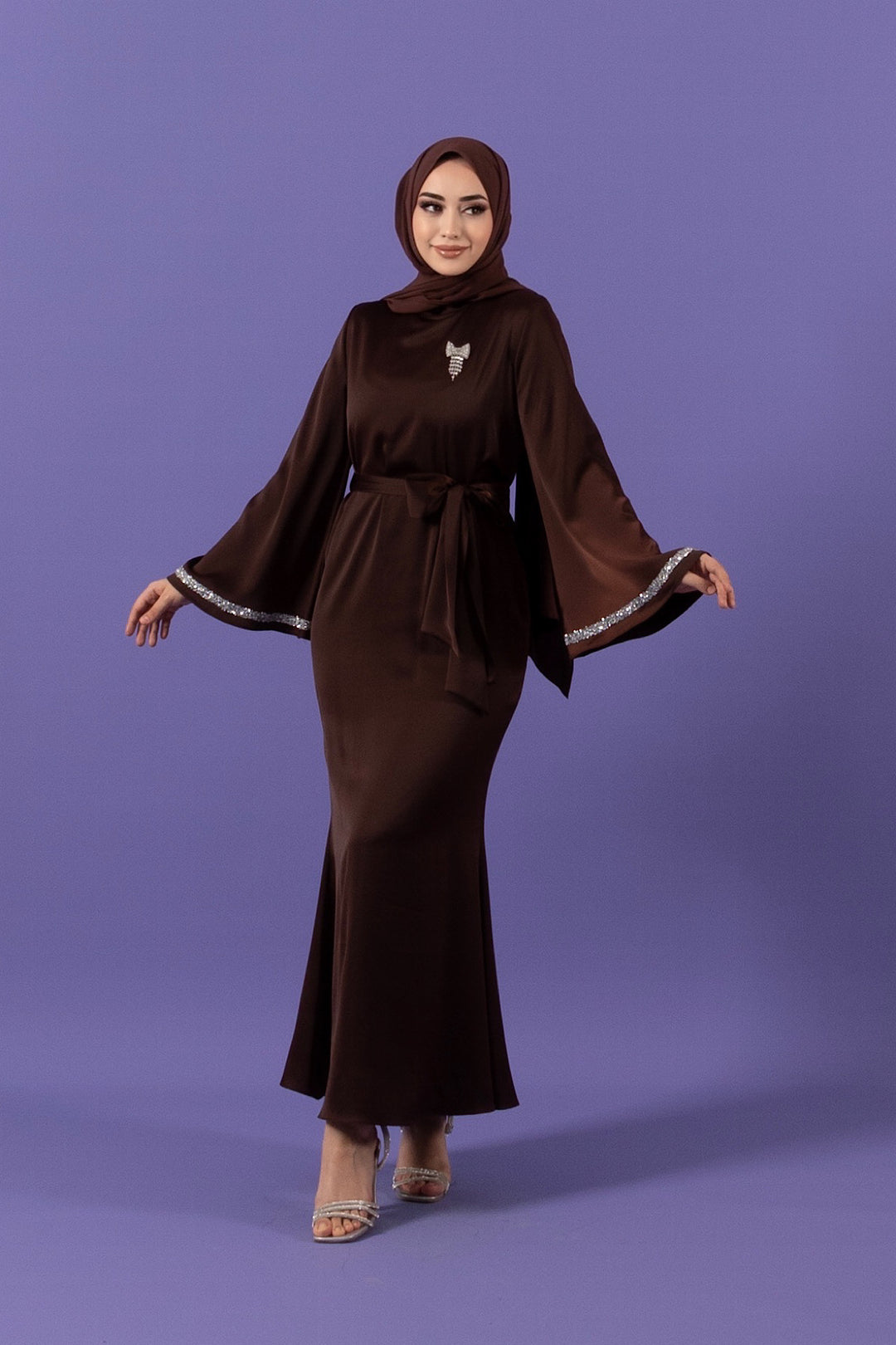 Kolları Taş Detay Saten Abiye Kahverengi 3011-KAHVERENGI