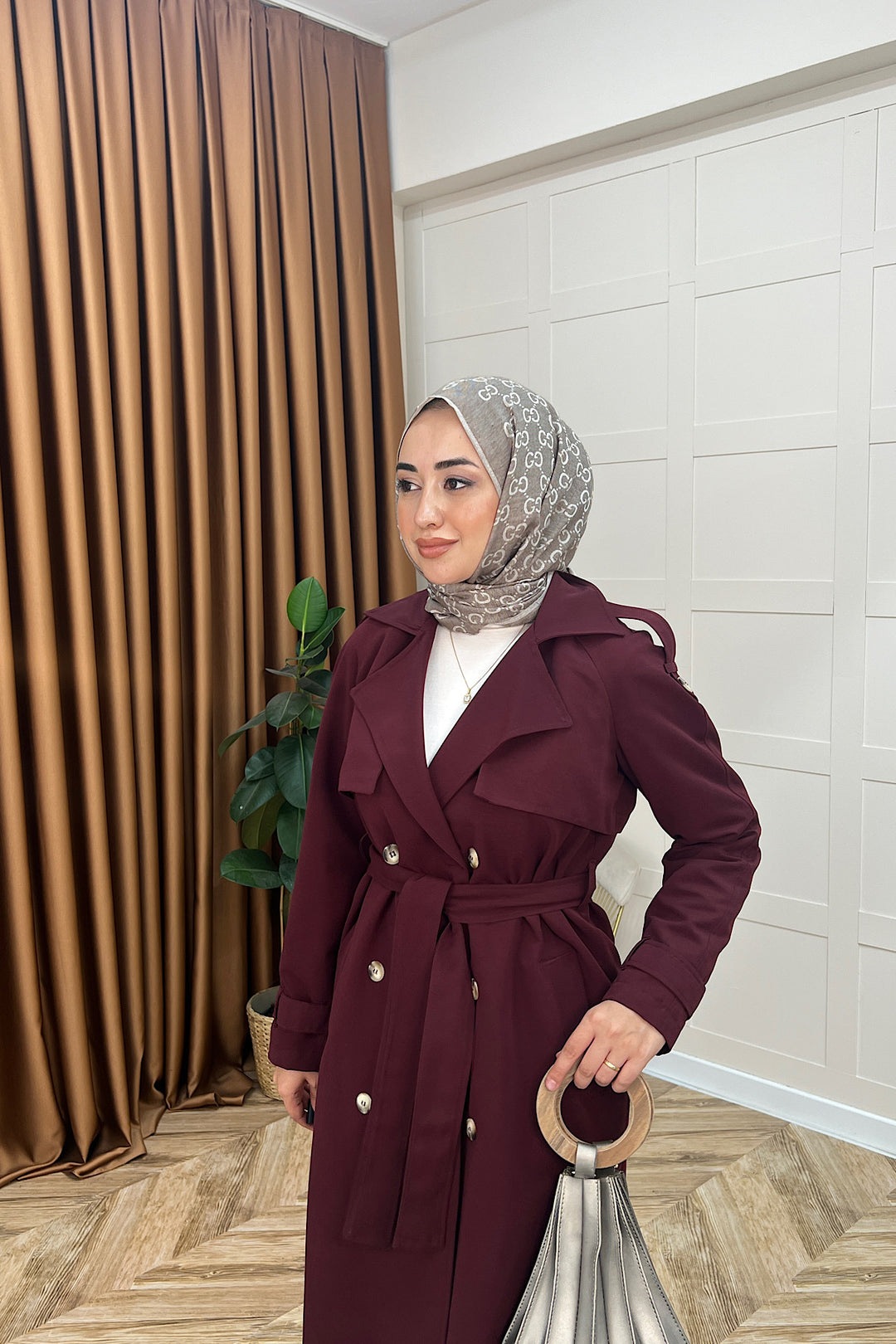 Hazel Astarlı Trençkot Bordo 5532-BORDO