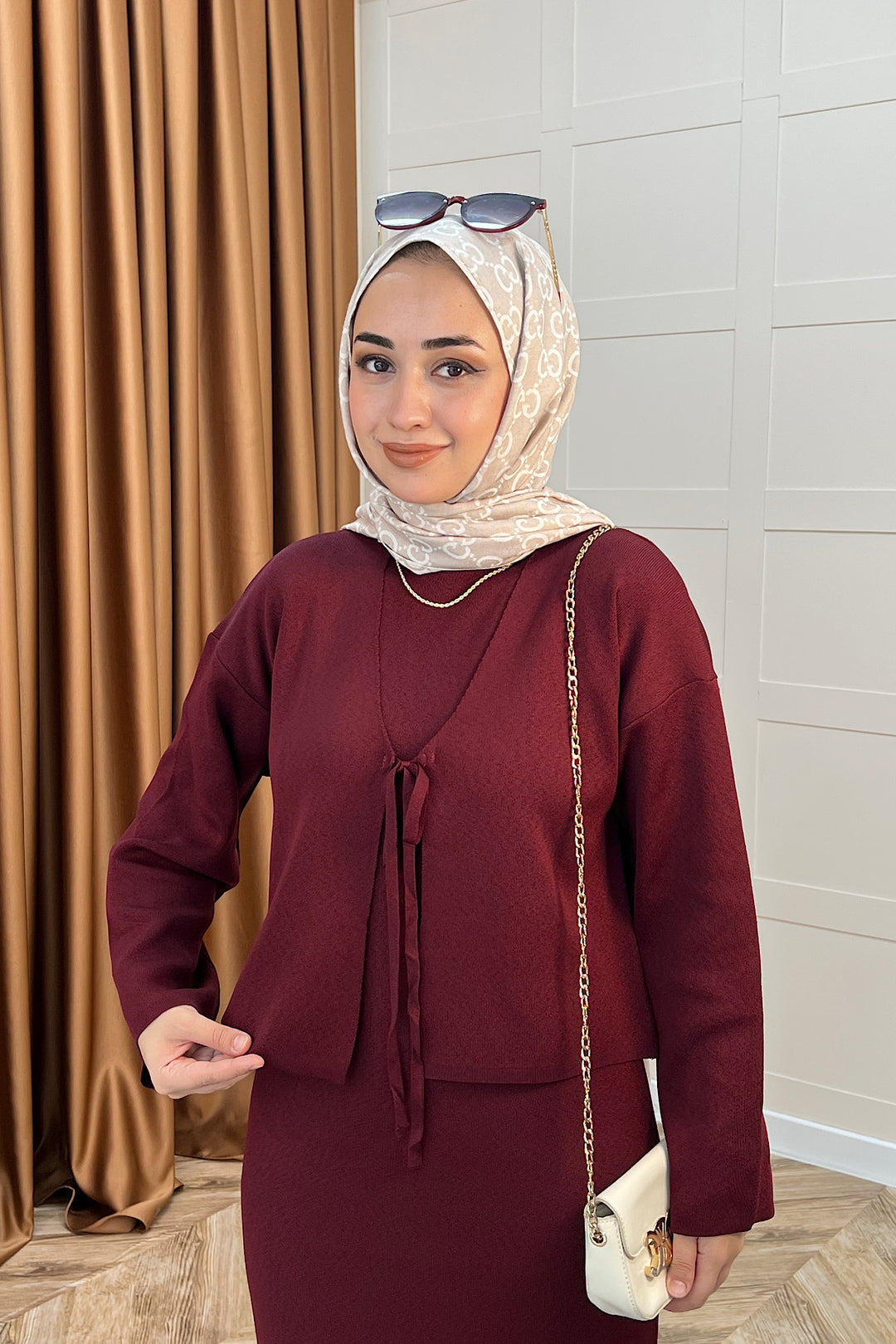 Ester Croplu İkili Triko Elbise Bordo 25160-BORDO