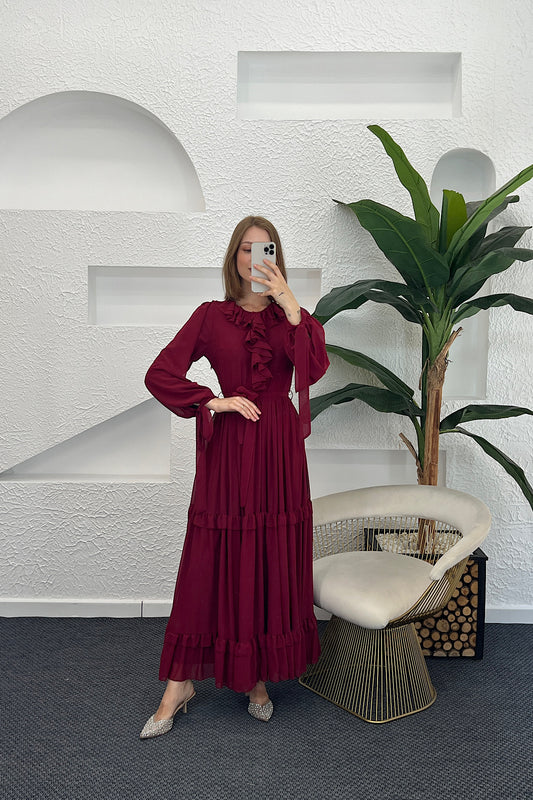 Royal Şifon Elbise Bordo 3053-BORDO
