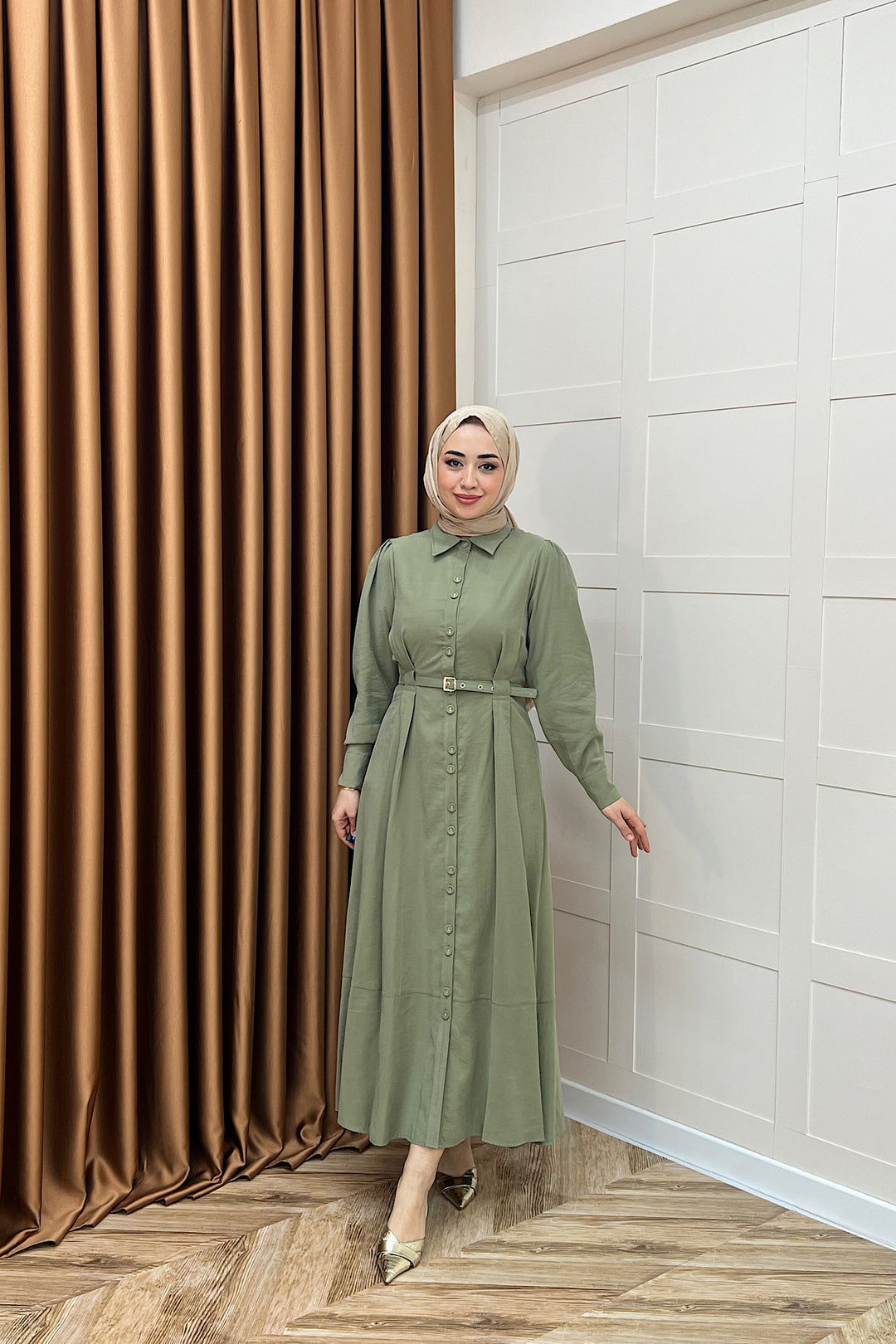Nisa Boydan Düğmeli Elbise Yeşil 3000-YESIL