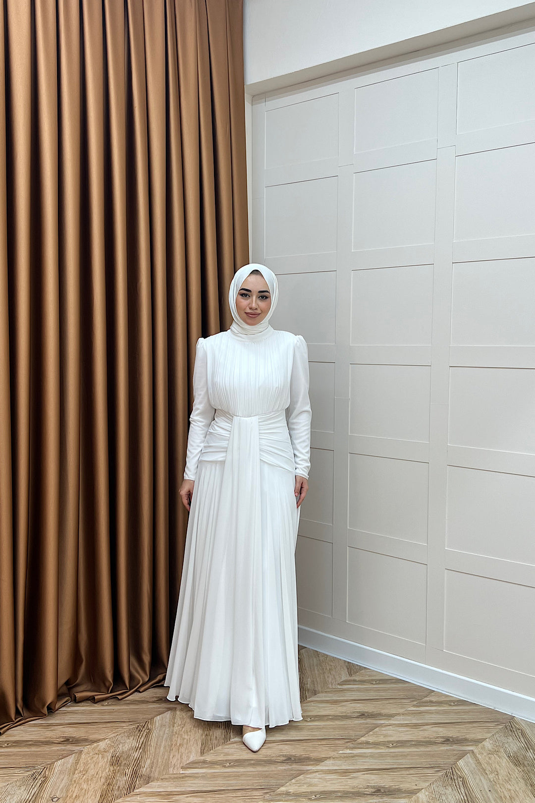 Elanor Bel Detay Şifon Abiye Beyaz 3092-BEYAZ