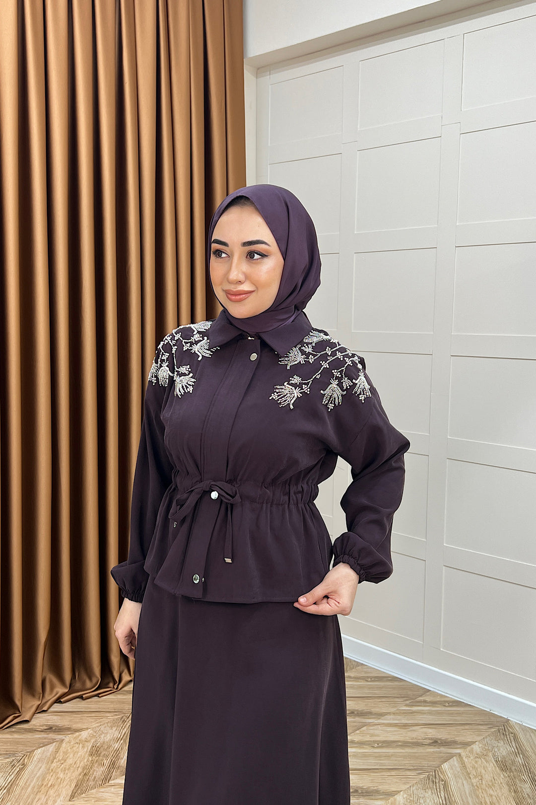 Laura Taş İşlemeli Etek Takım Mürdüm 02969-MURDUM