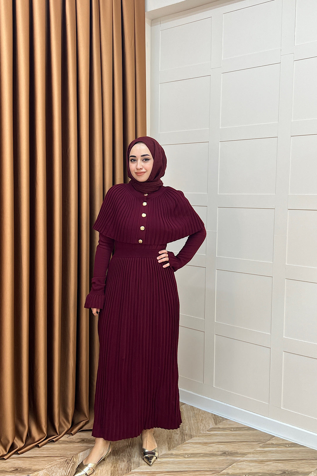 Kelebek Pelerinli Triko Elbise Bordo 10200-BORDO