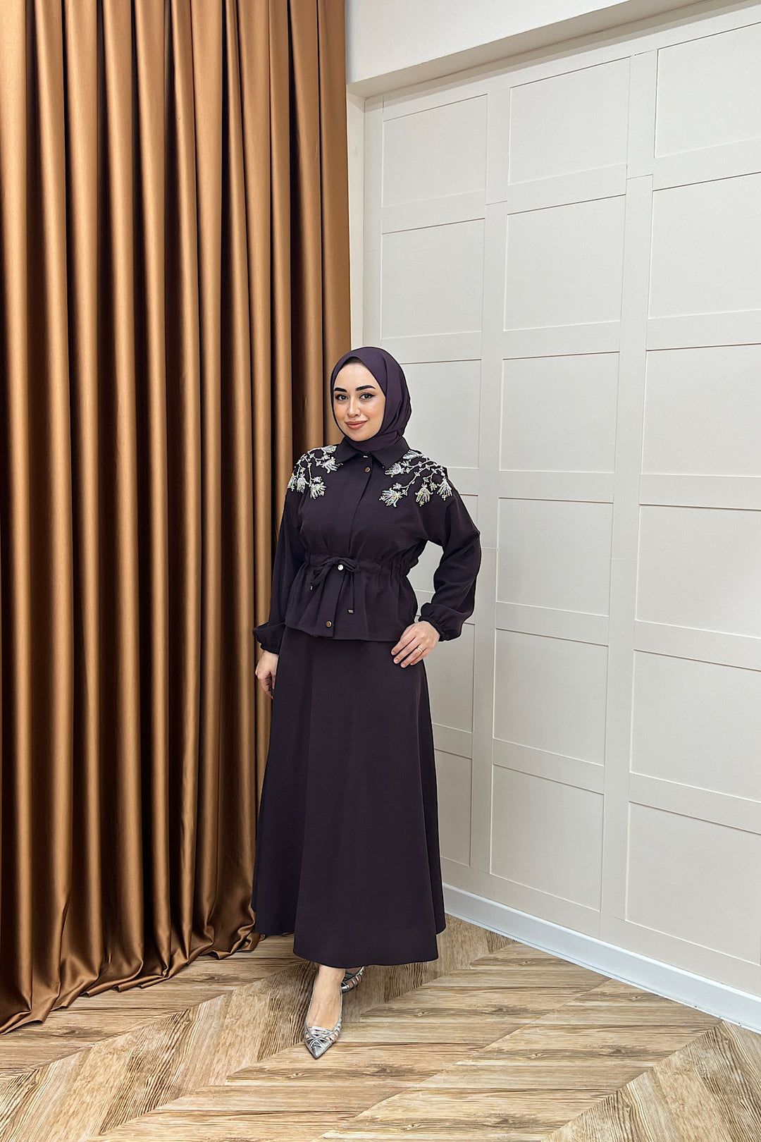 Laura Taş İşlemeli Etek Takım Mürdüm 02969-MURDUM