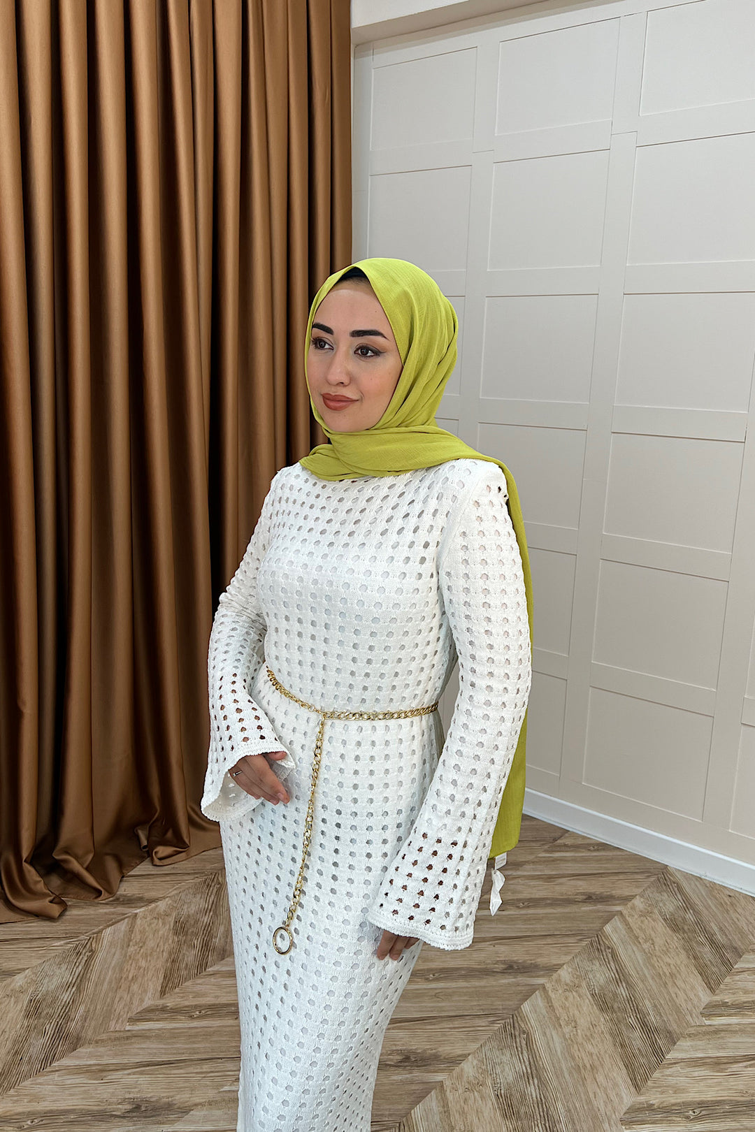 Palmiye Fileli Triko Elbise Beyaz 2510000-BEYAZ