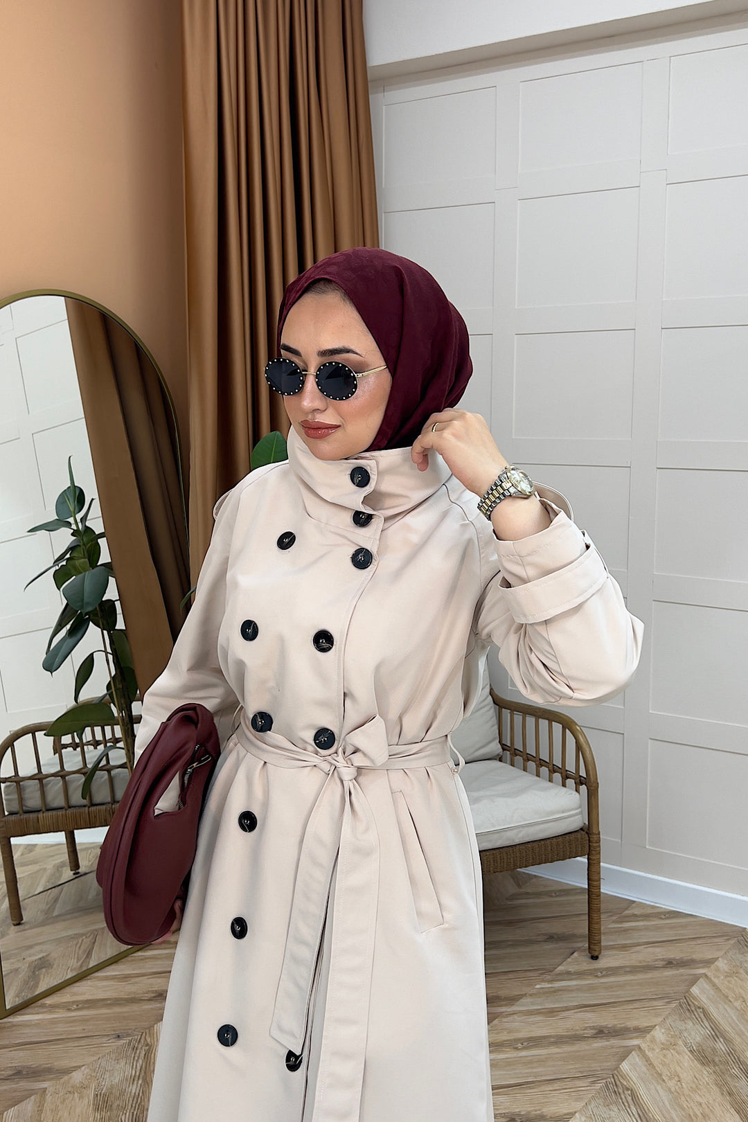 Elora Kuşaklı Uzun Trençkot Taş 5535-TAS