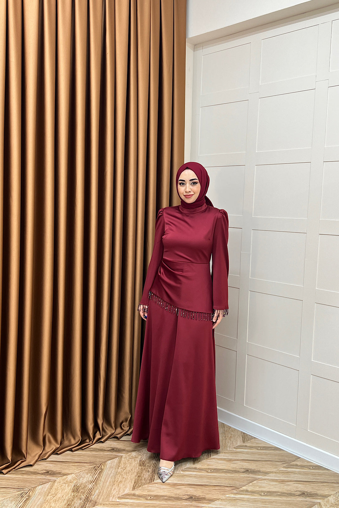 Ayla Saten Abiye Bordo 3093-BORDO