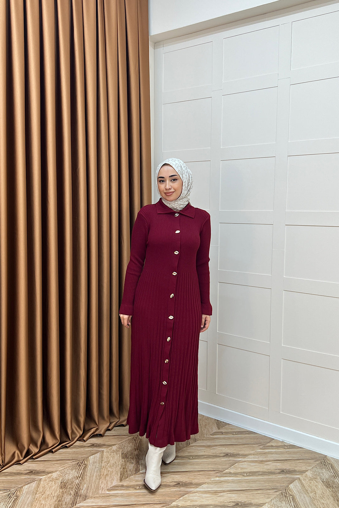 Endam Düğmeli Triko Elbise Bordo 10201-BORDO