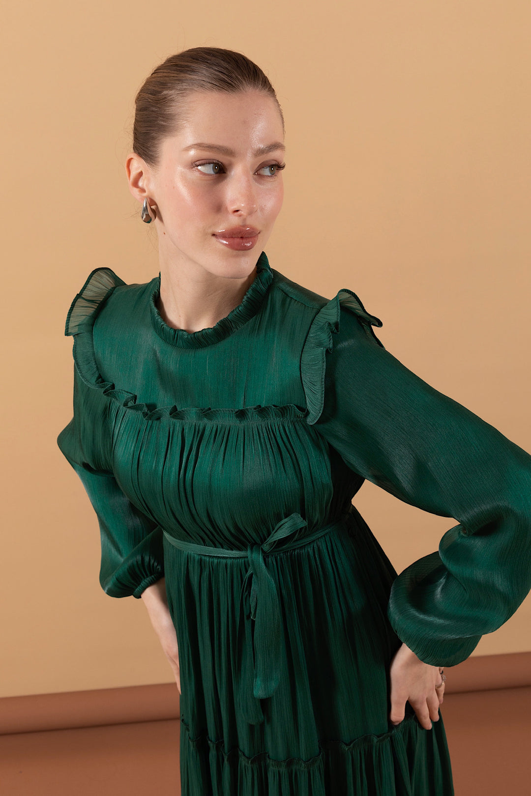 Robalı İpek Elbise Zümrüt 3006-ZUMRUT