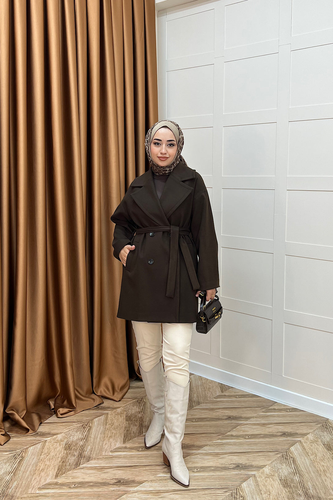 Nuve Premium Kuşaklı Kaban Kahverengi 5514-KAHVERENGI